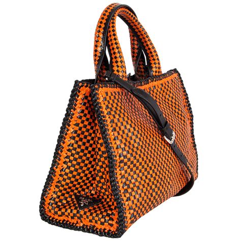 PRADA orange & black woven leather MADRAS Tote Shoulder 